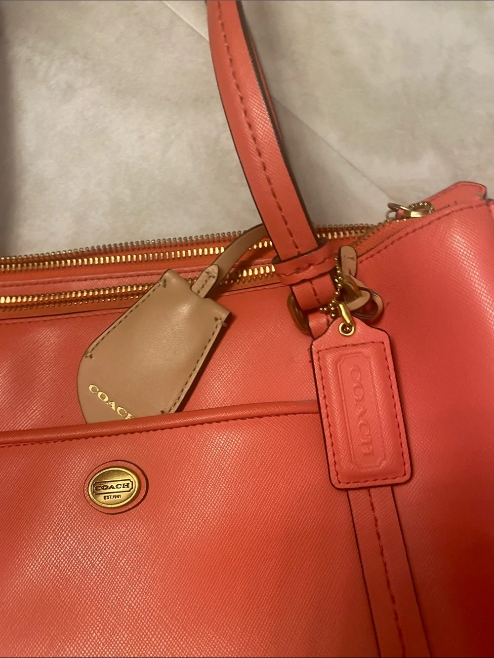 Coach Coral/Peach Leather Triple-Zip Tote